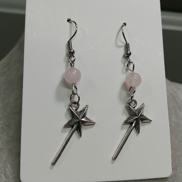 Magic Wand Earrings Natural Rose Quartz Gemstone Crystal Bead Stainless-Steel - Picture 8 of 12